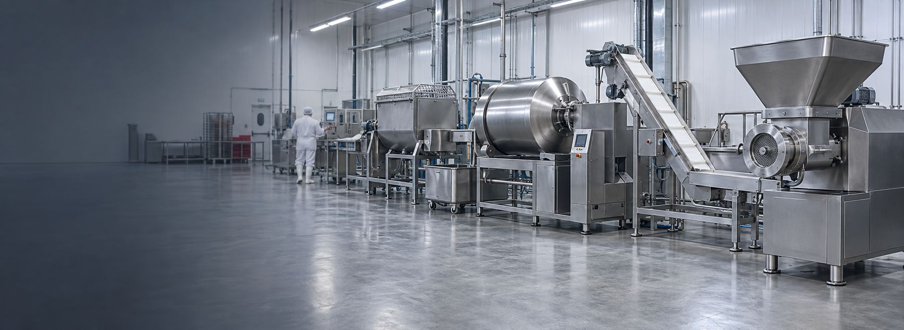 Concept illustration of a meat processing line with grinder, tumbler and conveyor